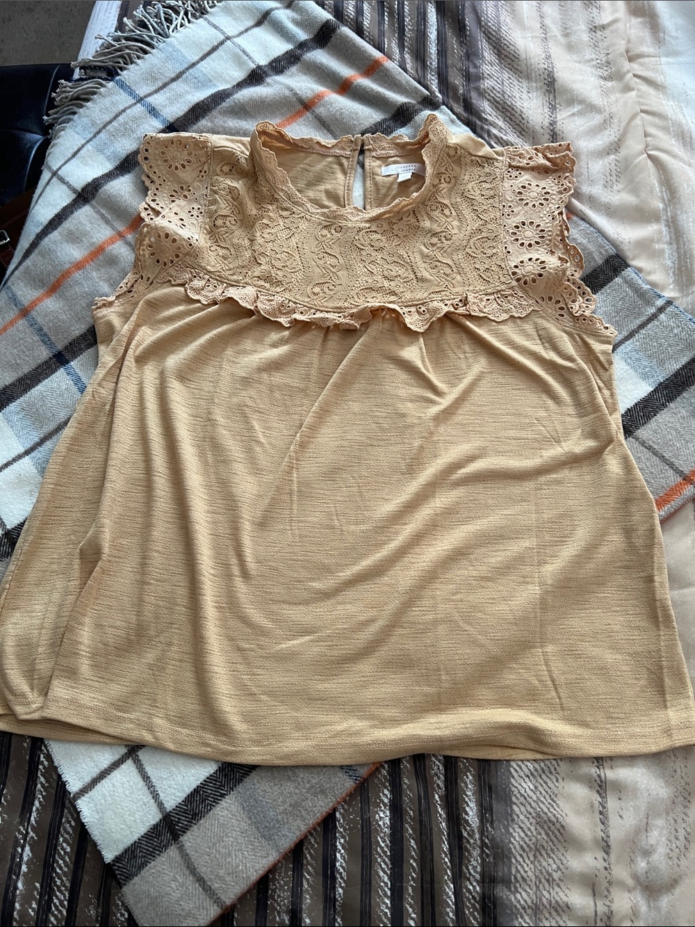 LC Lauren Conrad Beige Lace Yoke Sleeveless Top